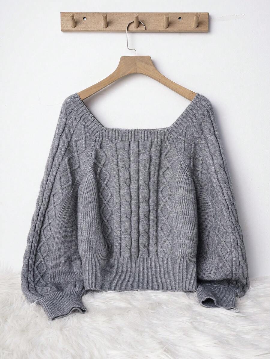 Sweetra Autumn/Winter New Arrival Square Collar Loose Knit Casual Elegant Commuting Women Gray Pullover Sweater - Grey - View 1