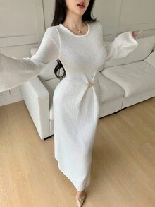 Feyla Women's Solid Color Round Neck Metal Decor Flare Sleeve Extra Long Knit Dress Autumn Winter Clothes For Women - White - View 3