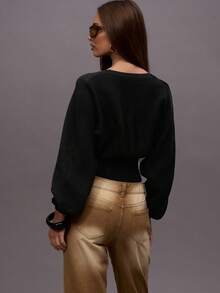 MUSERA Áo len dệt kim ôm eo, tay phồng kiểu cánh dơi, thích hợp cho mùa đông, đi chơi tối, dạo phố, dễ thương, đi học, gợi cảm, dự tiệc tối, thanh lịch, mùa xuân. - màu đen - Xem 4