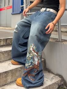 ROMWE MEN Grunge Punk 男士花卉刺绣图案宽腿宽松牛仔裤