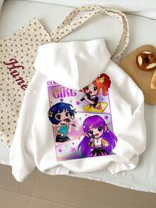 SHEIN Leap Crew 少女白色和薰衣草色，K-POP卡通图案，舒适厚实柔软长袖连帽卫衣，适合秋冬季日常穿着、街头风、校园风、舒适季节、秋冬季、轻松舒适、秋冬季叠穿、时尚休闲、图案设计、秋冬季、秋冬新款、返校季、冬季时尚 - 白色 - 查看 2