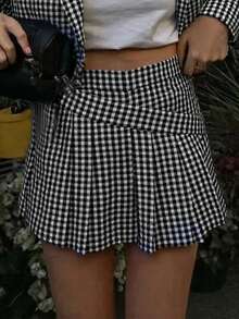 Jouncy 全新时尚千鸟格褶皱迷你裙女士套装 - 黑與白 - 查看 5