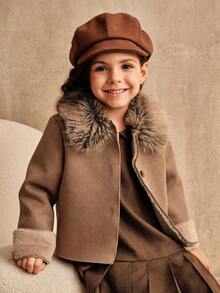 SHEIN Young Girls Fluffy Faux Thermal Lined Long Sleeve Jacket, Casual Loose Fit Outerwear, Autumn/Winter