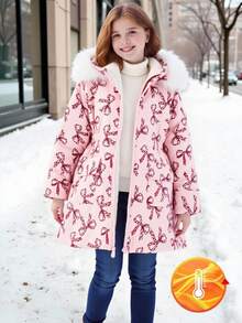 SHEIN 女童连帽毛领棉服，时尚休闲百搭通勤装，适合秋冬外出、购物、旅行，可搭配牛仔裤、运动裤、连帽衫 - 粉色 - 查看 1