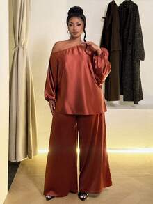 Maweii Set casual da 2 pezzi oversize con spalla asimmetrica e maniche lunghe