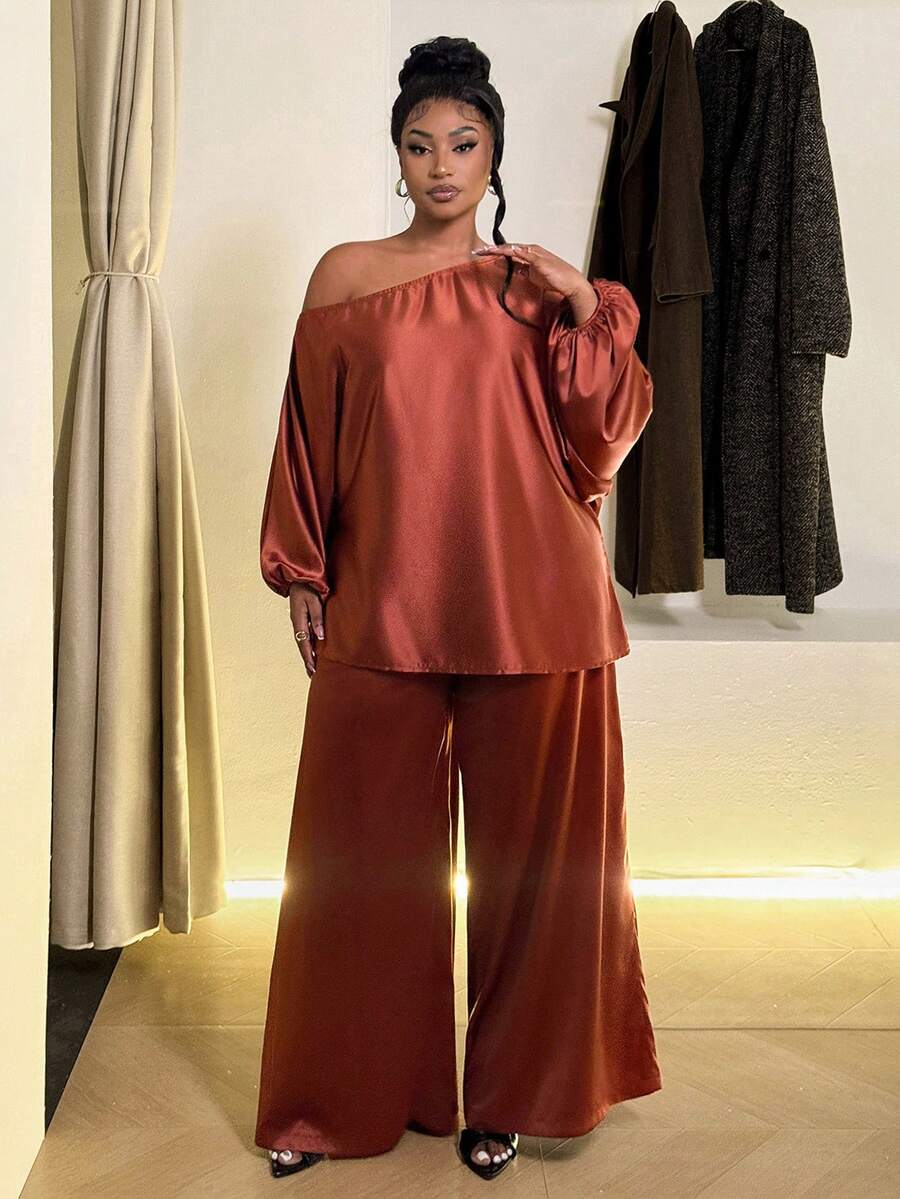 Maweii Set casual da 2 pezzi oversize con spalla asimmetrica e maniche lunghe