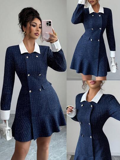 Elenzga 女式纯色针织提花拼布长袖迷你连衣裙，秋季