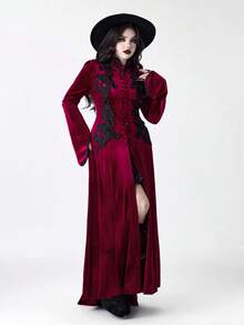 ROMWE Goth Christmas Gothic Retro Palace Style Contrast Color Lace Trim Velvet Women Long Jacket