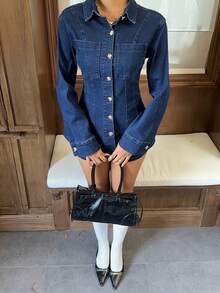 Siren Gaze 女士秋季长袖单排扣口袋牛仔衬衫和牛仔短裤休闲套装 - 深色水洗藍 - 查看 6