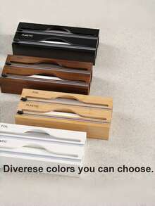 1 pieza Dispensador de papel de aluminio de bambú con 2 compartimentos y cortador, color natural para organización de la cocina, despensa, escuela, dormitorio universitario, artículos esenciales para el hogar - Negro - Ver 3