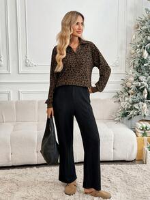 SHEIN LUNE Bộ 2 món áo họa tiết da báo đi làm thường ngày và quần dài màu trơn dành cho nữ - màu nâu - Xem 4