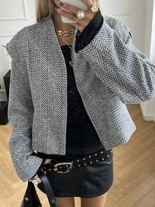Livesso 女式格子黑白休闲夹克，秋季 - 黑與白 - 查看 1