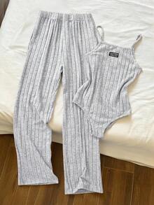 小众设计复古酷炫时尚休闲百搭修身针织吊带背心和阔腿裤套装 - 灰色 - 查看 13