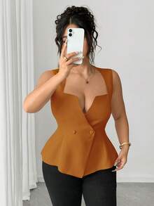 Elenzga 大码女式无袖 V 领开衫，优雅迷人的衬衫 - 薑色 - 查看 3