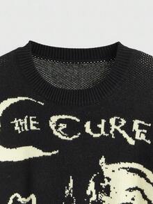 ROMWE Goth Áo len dệt kim cổ tròn cổ điển hình mèo đen, ngôi sao, mặt trăng cỡ lớn cho nữ - màu đen - Xem 5