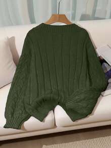 Franclia New Loose, Soft, Sweet Pink Oversized V-Neck Thick Cable Knit Pullover Sweater For Women, Unique Design, Versatile - Army Green - View 2