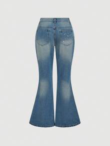 SHEIN MOD Selenza 女款十二星座牛仔裤，处女座星座设计，注重细节，时尚优雅喇叭裤，适合通勤，银色刺绣，水钻点缀 - 藍色 - 查看 2