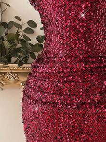 Lovelzi Elegant, Romantic, Fashionable, Sexy, Shiny, Charming, Dark Red, Sequined Fabric, Tight Dress, Suitable For Nightclubs, Parties, Vacations, Cocktail Parties, Birthday Parties, Afternoon Tea Wear, Cocktail Dresses