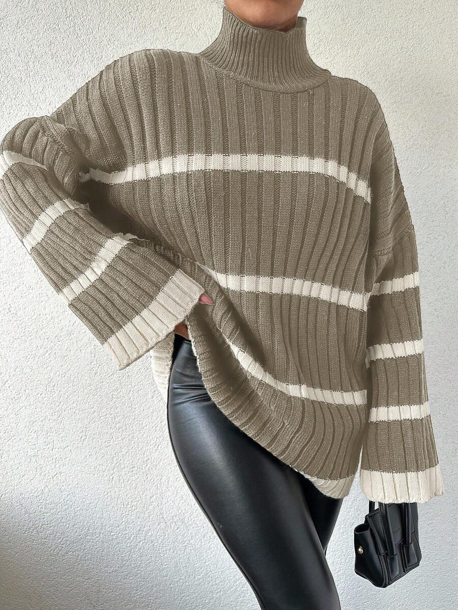 EURMUSE Maglione casual oversize da donna con collo alto a righe, maniche lunghe e spalle scoperte, adatto per l'autunno / inverno - Beige - Visualizzare 1