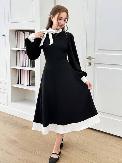 少女优雅复古撞色立领束腰蝴蝶结泡泡袖中长连衣裙，适合秋冬季、外出、农历新年、返校季