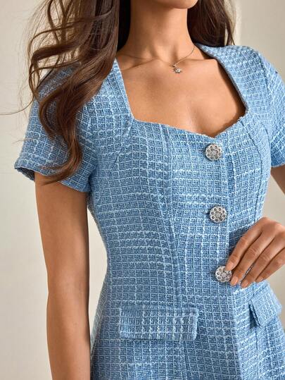 CLARA VERO Women's Blue Tweed Short Sleeve Blazer, Gold Button Front, Fitted Slim Waist, Vintage Elegant Office Suit, Business Tweed Dresses For Women Baby Blue Dress Women Button Front Dresses For Women Tweed Two Piece Set Summer Work Dresses For Women