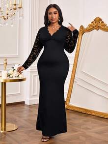 SHEIN Lady Vestido largo de talla grande con cuello de encaje de onda de punto, parche y cintura acampanada para primavera, verano, otoño e invierno - Negro - Ver 6