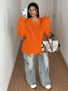 Maweii Plus Size Women's Y2k Solid Color V-Neck Tattered Long-Sleeved Sweater,Autumn,Solid Color, Orange,Red,  Design Sense, Loose And Casual, Christmas,Party,Halloween, Punk,  Women's Daily Commuting Top, Autumn , Spice Girl Knitted Sweater,Winter,Summer,Spring/Fall - Orange - View 5