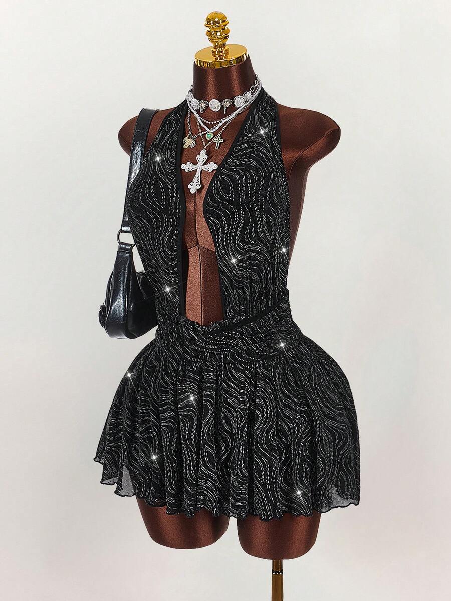 Amplova Halter Deep V-Neck Sleeveless Ruffle Pleated Sexy Bodycon Mini Slip Dress - Black - View 1
