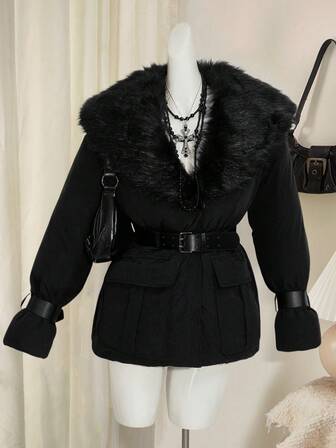 Sweetina Women's Padded Coat With Furry Collar, Waist Cinched, Slim Fit, Sexy, Elegant, Cute, Flattering