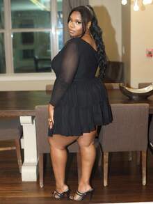 Hourglow Ceceforeign_ Plus Size Elegant Sweet Sexy Women's Black Mesh Asymmetrical Oblique Shoulder Long Sleeve Ruffled Hem Mini Dress, Fairy Core Dress, Suitable For Valentine's Day, Summer, Birthday, Plus Size Formal Party, For Hourglass Body Shape - Black - View 2