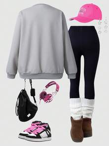 Tween Girl Hip Hop Graphic Print Sweatshirt And Colorful Moon Print Pants Set, Suitable For Street Style - Grey - View 2