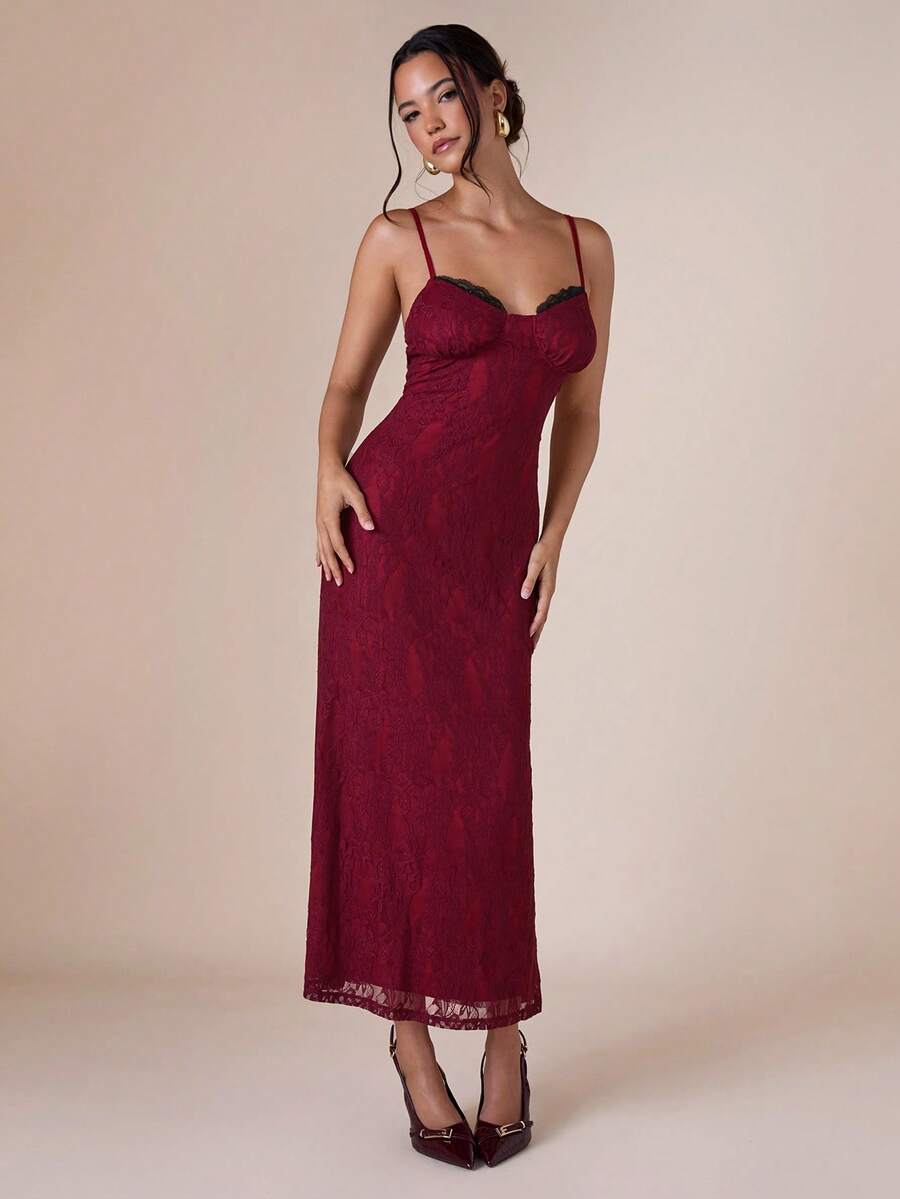 COSMINA Robe camisole en dentelle élégante pour femme, convient aux occasions formelles - Rouge foncé - Voir 1