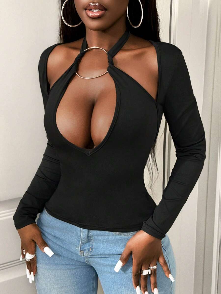 BamGleam Black Sexy Hollow Metal Circle T-ShirtBlack Sexy Hollow Metal Circle T-Shirt - Black - View 1