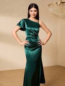 Halloween Luxury Niche Hostess Dress For Teenagers, One Shoulder Long Dress With Slit - Green - View 1