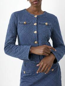 Maija Women's Velvet Denim Suit,Elegant Winter Set With Jacket&Skirt,Gold Metal Buckle,French Workplace Old Money Style,Blue,Autumn,Casual,Elegant,Occasion - Medium Wash - View 3