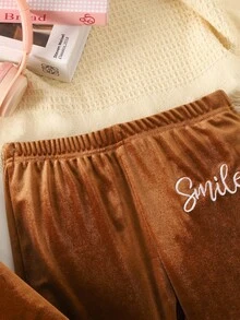 2pcs Tween Girls Casual Loose Comfortable Soft Letter Embroidered Hoodie Top And Flare Pants Set - Rust Brown - View 6