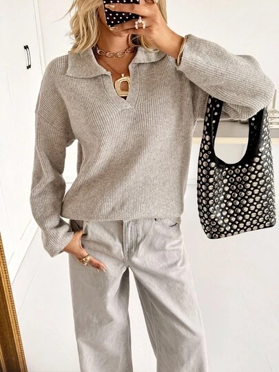 Siren Gaze 四分之一拉链落肩毛衣，女士春秋季休闲长袖超大卡其色落肩套头衫女式毛衣