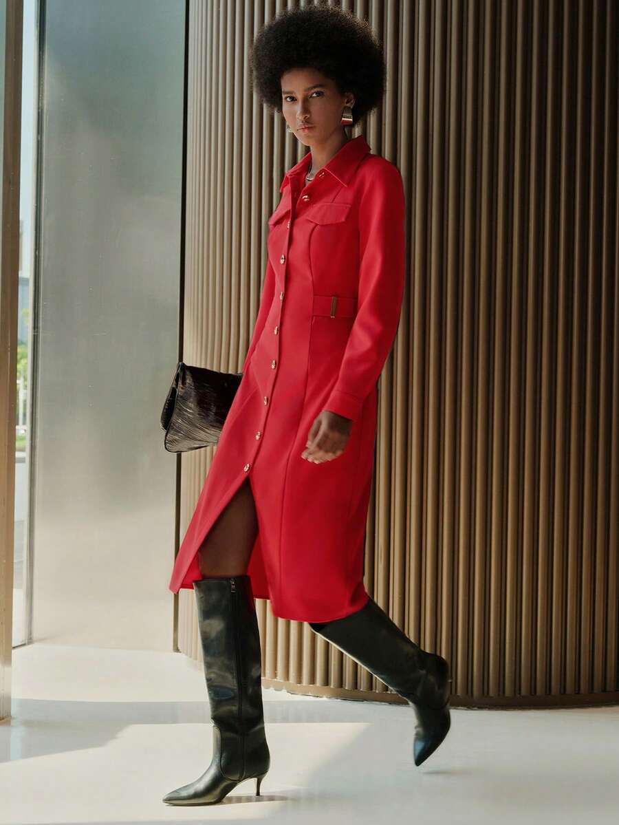 Lumivelle Women's Solid Color Long Sleeve Belted Dress, Fashion For Autumn