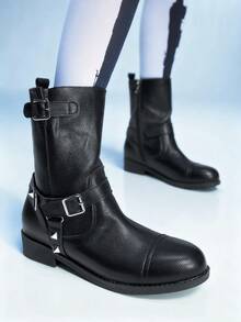 Sugerpunk CUCCOO Fashion Button Studded Punk Soft Zipper Mid-Calf Boots - Black - View 6