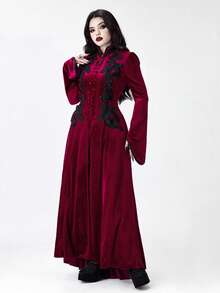 ROMWE Goth Christmas Gothic Retro Palace Style Contrast Color Lace Trim Velvet Women Long Jacket