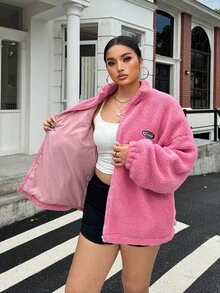 Muchica Women's Plus Size Casual Versatile Fuchsia Jacket, Autumn/Winter Fall - Hot Pink - View 8