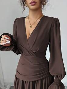 Elenzga Váy công sở trang trọng, thanh lịch, dự tiệc, nghỉ dưỡng, tiệc mùa thu dành cho nữ, váy chữ A xếp ly, cổ chữ V, tay áo đèn lồng, màu nâu cà phê trơn, kiểu Trung Đông - Màu nâu Sô-cô-la - Xem 7