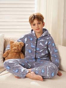 SHEIN 青少年男孩恐龙印花柔软羊毛连帽拉链连体裤，秋冬 - 淺藍色 - 查看 2