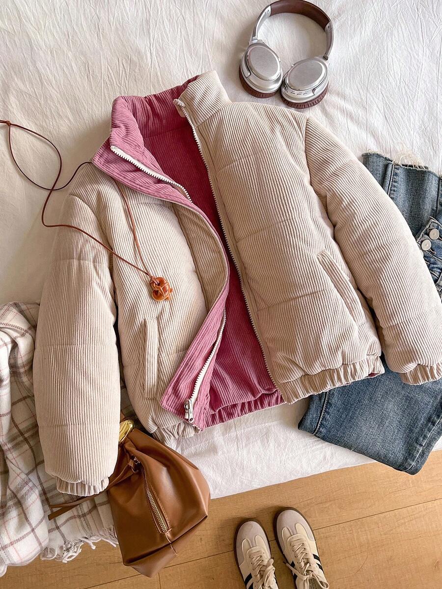 Casaco Casual Acolchoado e Quente de Veludo Cotelê para Meninas Pré-Adolescentes, Inverno - Damasco - Visão 1