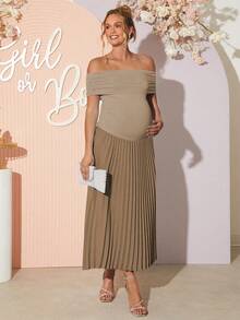 Loomaby 优雅简约露肩褶边孕妇装，夏季 - 卡其色 - 查看 7