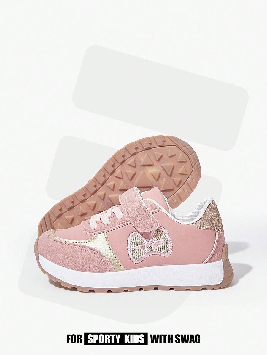 JNSQ 1双女童儿童运动鞋毛绒拼接PU粉色复古风格运动风格轻便耐磨爱心金跑步鞋运动鞋 - 藕粉色 - 查看 1