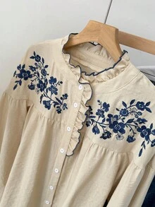 Muvela Camicia a maniche lunghe da donna con rouches e ricamo floreale sulla parte anteriore con bottoni - Beige - Visualizzare 5