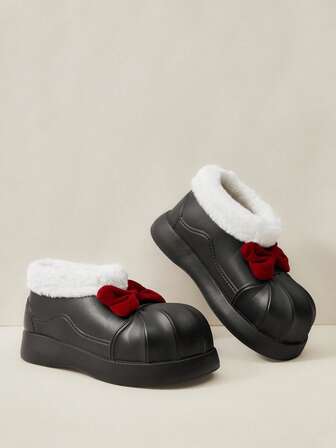 OUTDOORSY Botas de nieve con lazo y mullidas, forradas y cálidas, de moda y versátiles para mujeres, zapatos navideños para el ambiente navideño y de Año Nuevo, ideales para otoño e invierno