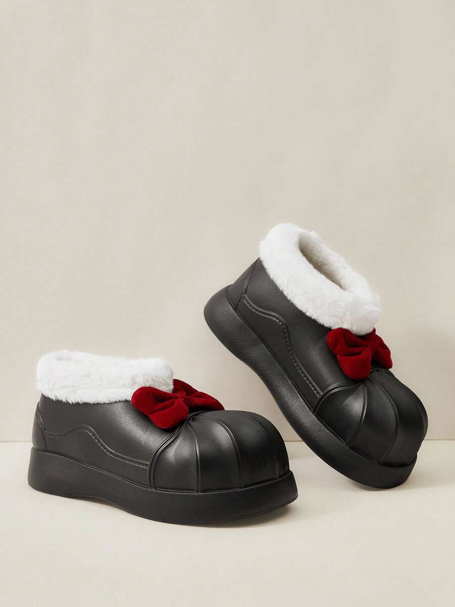 OUTDOORSY 蝴蝶结蓬松雪地靴，保暖内衬，时尚百搭，适合女性，适合圣诞节和新年假期氛围的秋冬季圣诞鞋 - 黑色 - 查看 1