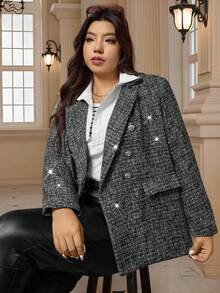 Zelara 大码女式时尚休闲双排扣翻领西装外套 - 黑色 - 查看 10